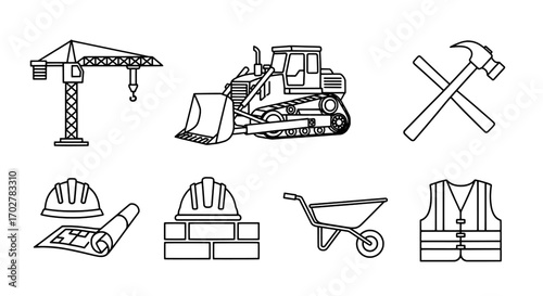 Construction Equipment and Safety Gear Outline Icon Set