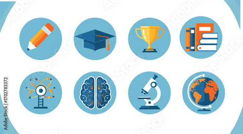Education icons set for learning, science, achievement, global knowledge, creativity, academic success, research, study tools, vector illustration pack