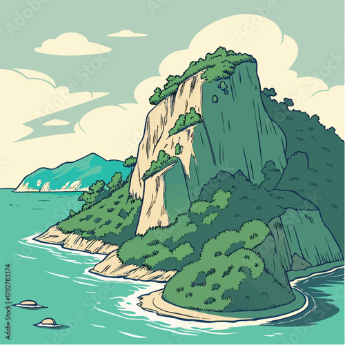 Illustration of Coastal Cliffs and Ocean with Lush Greenery