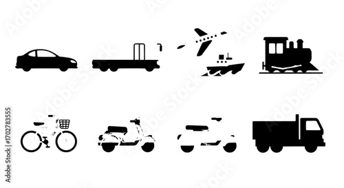 Collection of Various Transportation Icons in Black and White