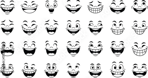 Cartoon face expression set with smiles, laughter, squints, wide eyes, emotional diversity, black and white character illustration for design