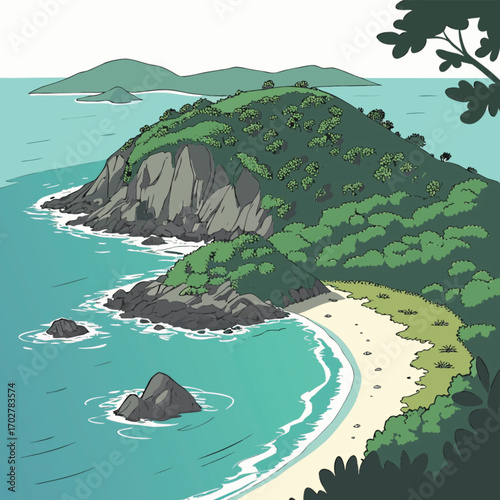 Illustration of Rocky Coastal Landscape with Sandy Beach and Ocean Waves