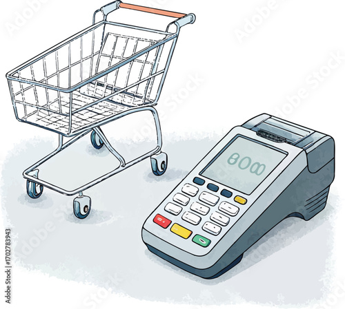 Illustration of Shopping Cart and Modern Payment Terminal POS Machine