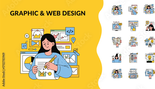 Graphic and web design illustration with tablet, stylus, UI elements, charts, code, collaboration, content creation, digital creativity tools