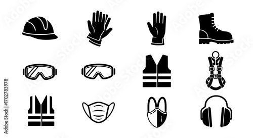 Essential safety equipment icons for construction, manufacturing, or industrial workplace