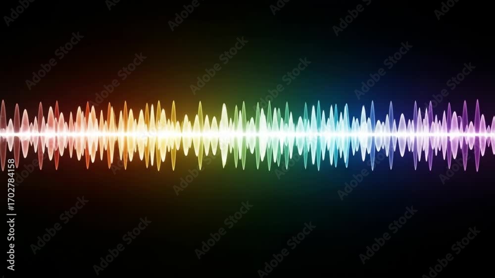 Spectrum analyzer waveform on black background shows audio frequencies ...