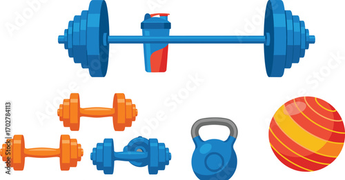 Gym equipment vector set with barbell, dumbbells, kettlebell, shaker, and exercise ball—ideal for fitness, workout, and health design.