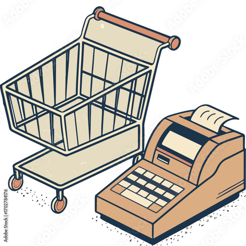 Stylized Illustration of Shopping Cart and Vintage Cash Register with Receipt