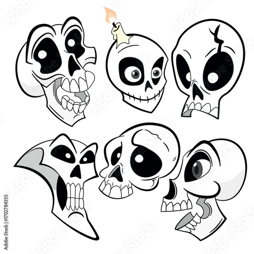 A set of vector icons featuring cartoon-style skulls. Created for Halloween.
