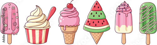 Cartoon ice cream treat collection with popsicles, cones, syrup, sprinkles, and summer dessert designs for food illustration and decoration