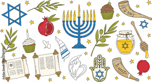 Jewish culture cartoon icon set with menorah, Star of David, dreidel, Torah, and festive symbols for holiday and tradition