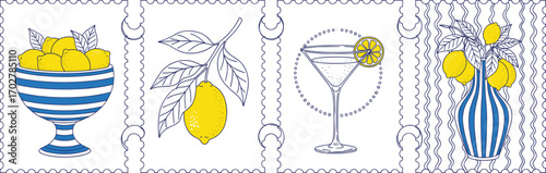 Stylized lemon-themed vector stamps featuring fruit bowl, lemon branch, cocktail glass, and decorative vase in cohesive vibrant design