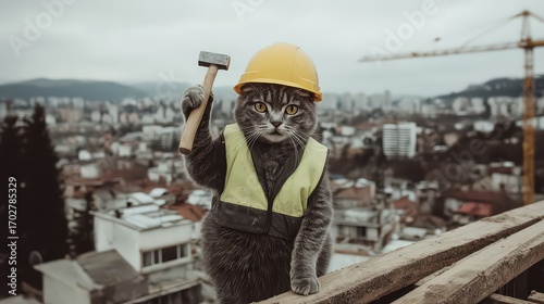 A playful cat in a construction outfit, holding a hammer against a city skyline backdrop, ideal for humorous content, children's projects, or social media marketing aimed at quirky themes,