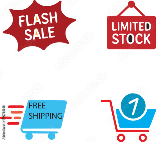 Collection of ecommerce and retail icons such as flash sale, limited stock, free shipping, and shopping cart, isolated on white background