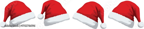 Four red and white Santa hats in a row, festive holiday headwear, Christmas decoration, winter season, festive celebration
