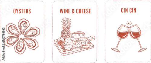 Gourmet food and drink vector panels featuring oysters, wine glasses, cheese board, and celebratory typography for dining and lifestyle themes