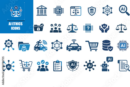 Collection of ai ethics icons representing artificial intelligence, data security, legal balance, teamwork, and autonomous systems, isolated on white background