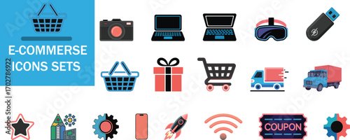 Ecommerce icons sets including shopping basket, camera, laptop, vr headset, usb drive, gift, truck, and coupon isolated on white background
