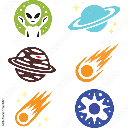 Cosmic and spacethemed icons featuring an alien, planets, and comets