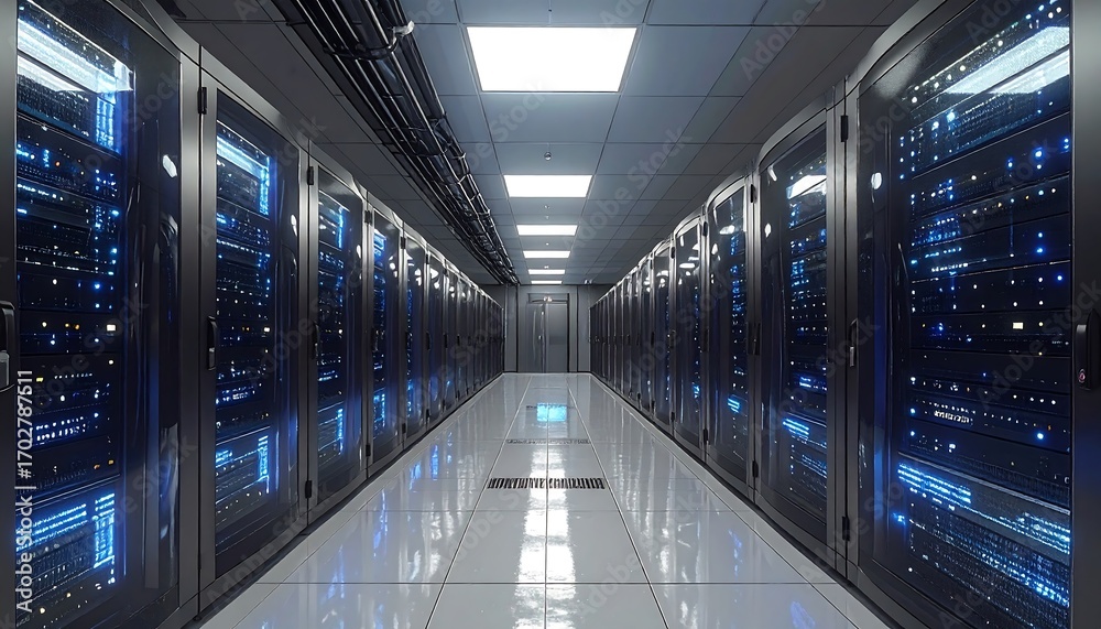 Fototapeta premium Digital infrastructure datacenter illuminated with servers and equipment