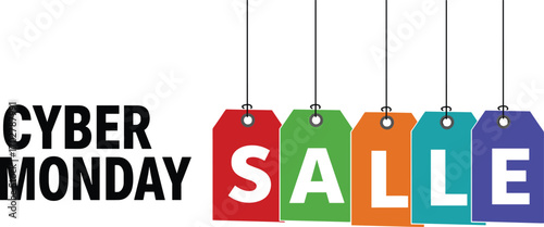 Colorful Cyber Monday sale tags hanging with bold text, vibrant design for digital promotions, e-commerce ads, or seasonal marketing