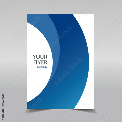 Minimalist corporate flyer template with bold blue curved wave design on white background. Modern abstract business layout perfect for company branding, marketing, events, and promotions.