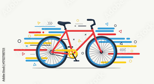 A red bicycle with blue tires and a yellow chain against a background of colorful lines.
