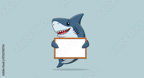Cute cartoon shark holding a blank sign, a friendly and playful illustration.