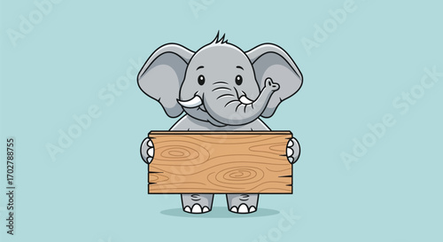 Cute cartoon elephant holding a wooden sign.