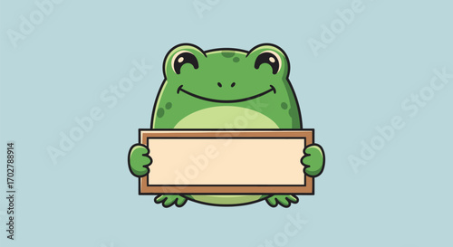 Cute cartoon frog holding a blank sign, smiling.