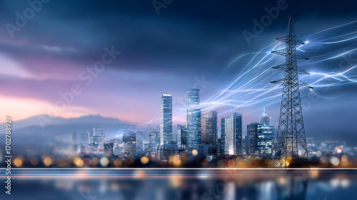 Skyline lit at dusk. High-rise buildings stand against a dusky sky, with energy lines flowing from a power tower, signifying urban power.