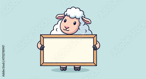 An adorable cartoon sheep with fluffy white wool holds a blank wooden sign for custom text.