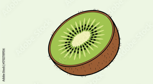 A detailed illustration of a half-cut kiwi fruit, showcasing its vibrant green flesh and black seeds.