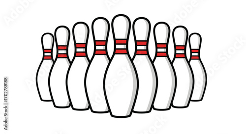Bowling pins arranged in a close formation, showing the classic design with red stripes.