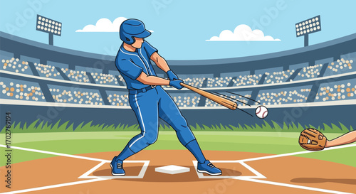 Baseball player batting in a stadium.
