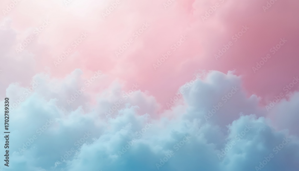 Obraz premium Soft pink, baby blue gradient clouds create dreamy, ethereal atmosphere. Pastel sky evokes sense of calm, wonder. Perfect for background design, image features fluffy cloudscapes with smooth color