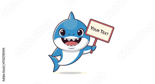 Cute Cartoon Shark Holding a Blank Sign with Text Space
