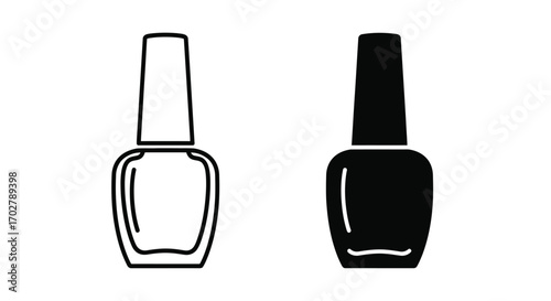 Two stylized icons of nail polish bottles, one outlined and one solid black, representing beauty and cosmetic products.
