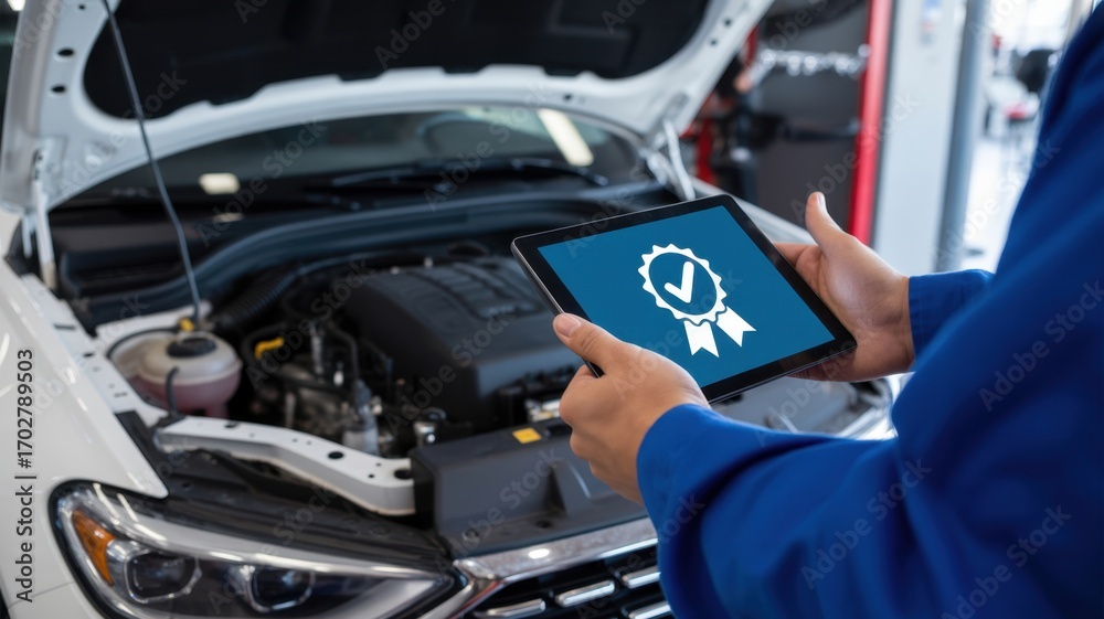 Obraz premium Vehicle Inspection and Assurance: A mechanic, immersed in a workshop, uses a tablet to evaluate a car engine, underscoring the importance of automotive service and reliability.