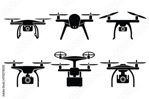 Vector Icons of Different Drones with Camera and UAV Technology