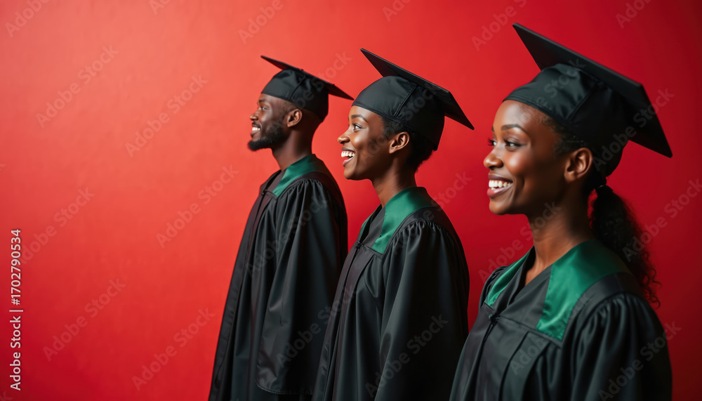 Obraz premium Three African American graduates in black caps, gowns smile with pride on red background. Represent educational success, empowerment, liberation, celebrating achievement, diversity in higher