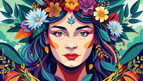   Close-up portrait International women's day poster. Woman face with flowers