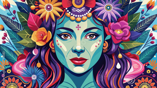   Close-up portrait International women's day poster. Woman face with flowers