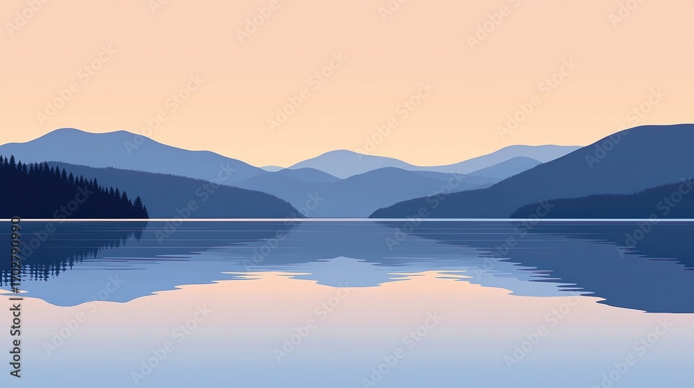 Fototapeta premium A serene landscape featuring calm waters reflecting layered mountains under a soft pastel sky, ideal for use in travel brochures, relaxation themes, or nature-related projects,