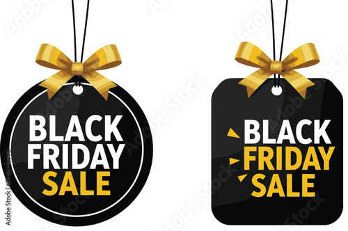 Black Friday sale tag with golden ribbon bow, round and square gift labels, shopping discount icon set for promotion