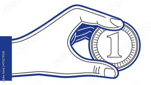 Blue gray hand holding a coin with number one vector