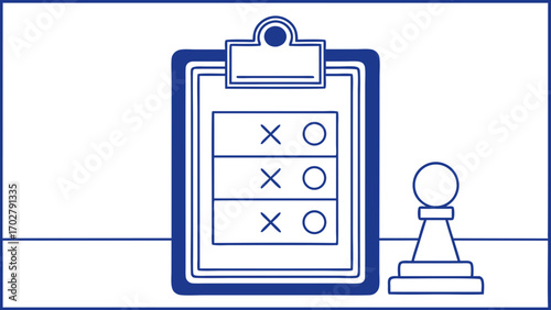 Blue line art clipboard with tic tac toe chess pawn vector
