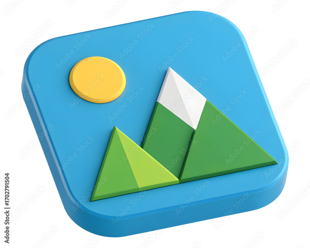 Fototapeta premium Digital 3 D icon of mountains and sun on blue background digital art rendered