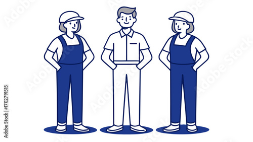 People in blue overalls one in shirt pants team group