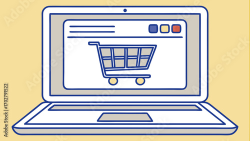 Open laptop displaying a blue shopping cart icon screen computer